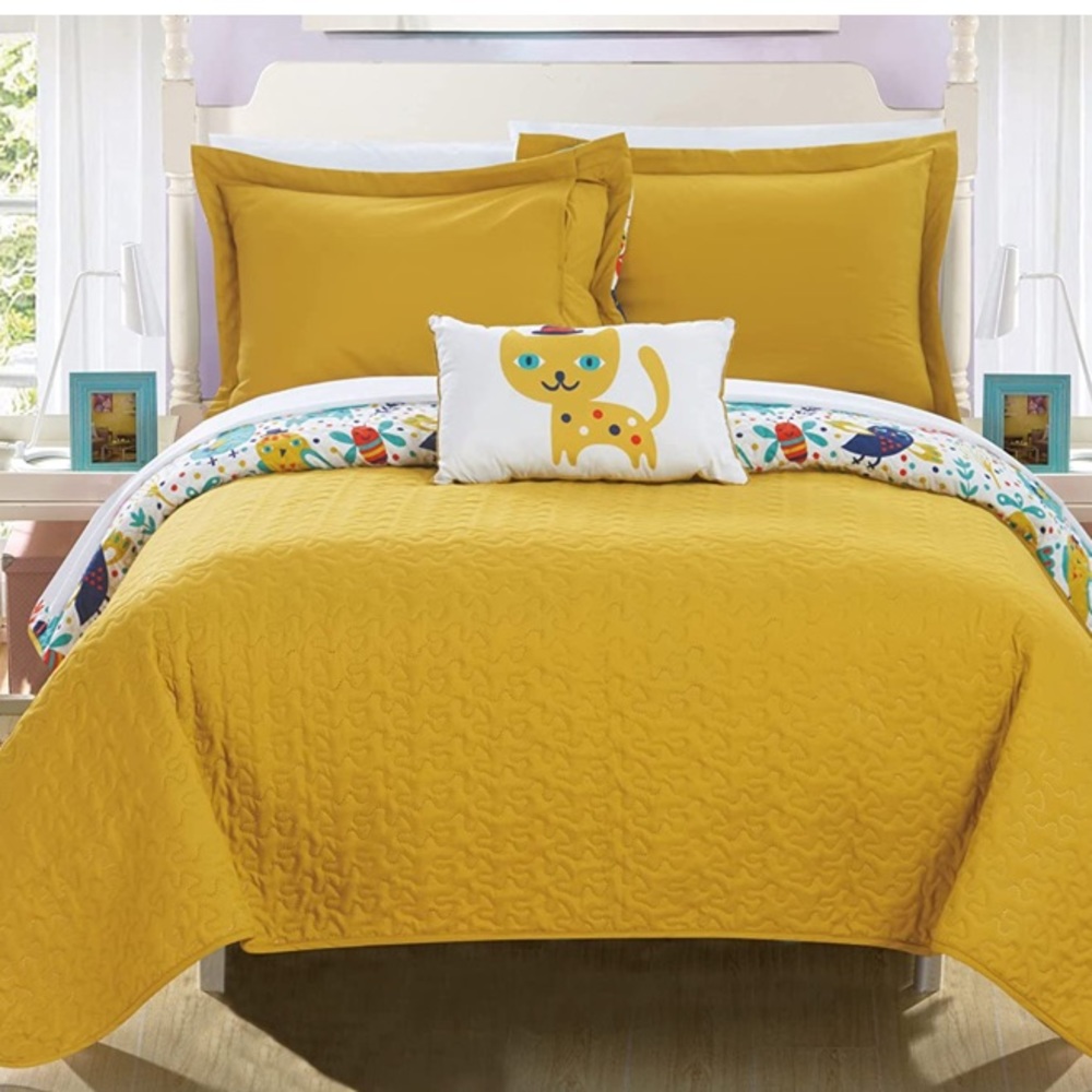 ๐ Cats yellow 3pc Full reversible quilt pillow case sham set - Picture 2 of 2